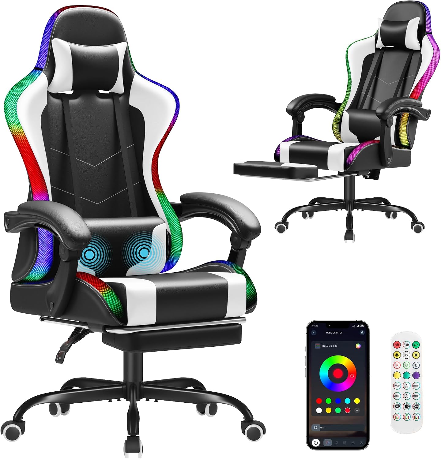 Massage - Homall Gaming-Stuhl, ergonomischer PC-Stuhl, Massage-Lendenstütze, RGB